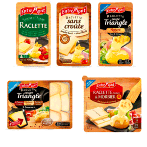 Emballages de fromages à raclette Entremont. 